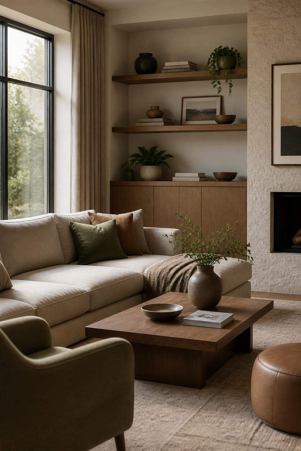 Stylish lounge with custom shelving and soft natural light.