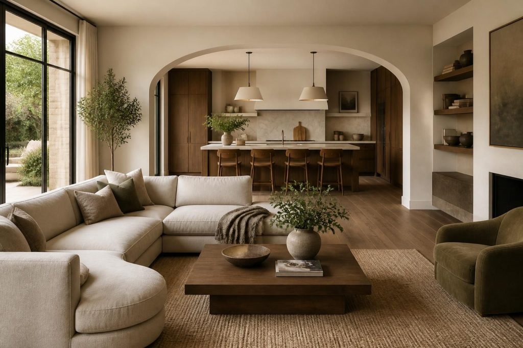 Elegant modern interior with warm light and open living kitchen flow.